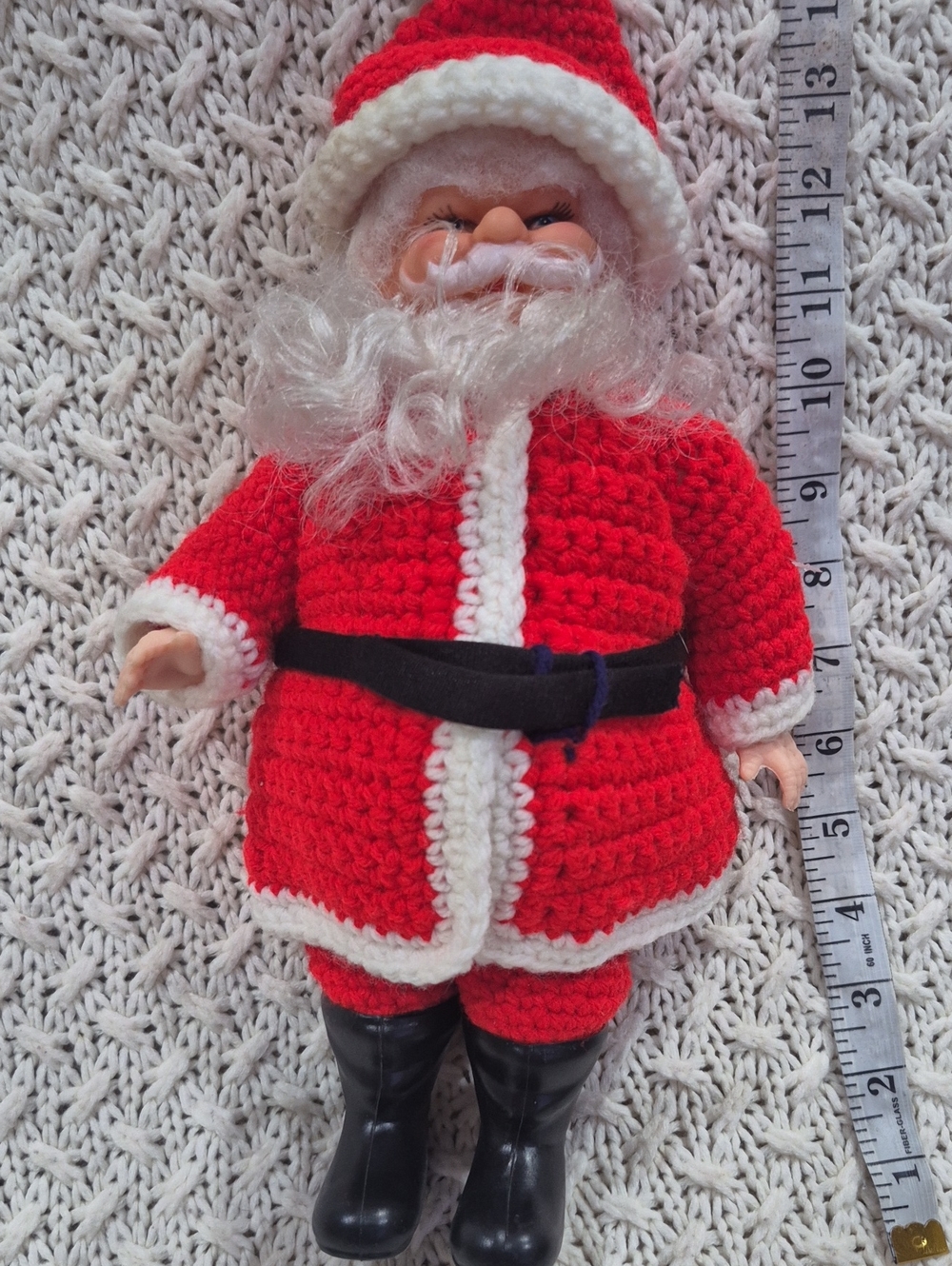 Vtg. Christmaa Santa Claus Hand Made Crochet, Plastic,. 14".
